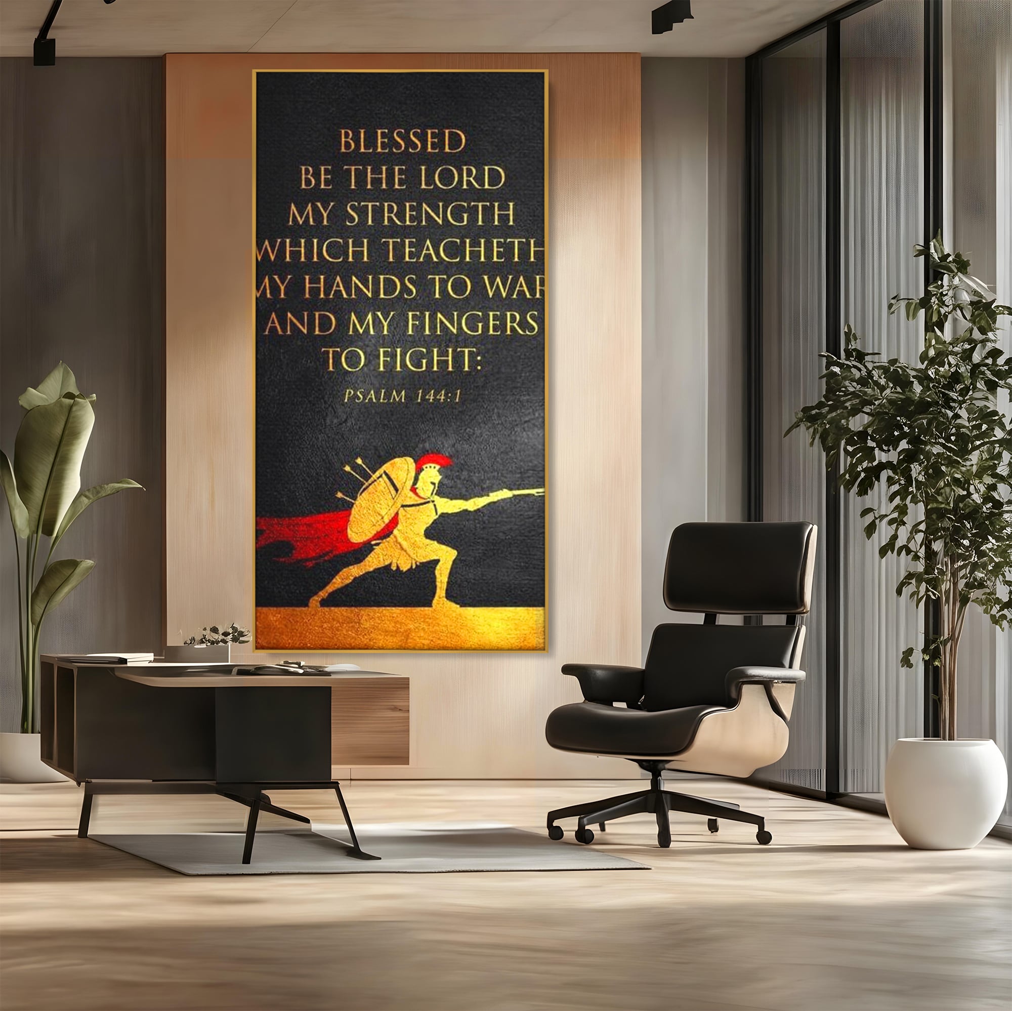 Tablou canvas cu tablou canvas cu razboinic antic si verset, in rama de aluminiu auriu, pe perete intr-un birou